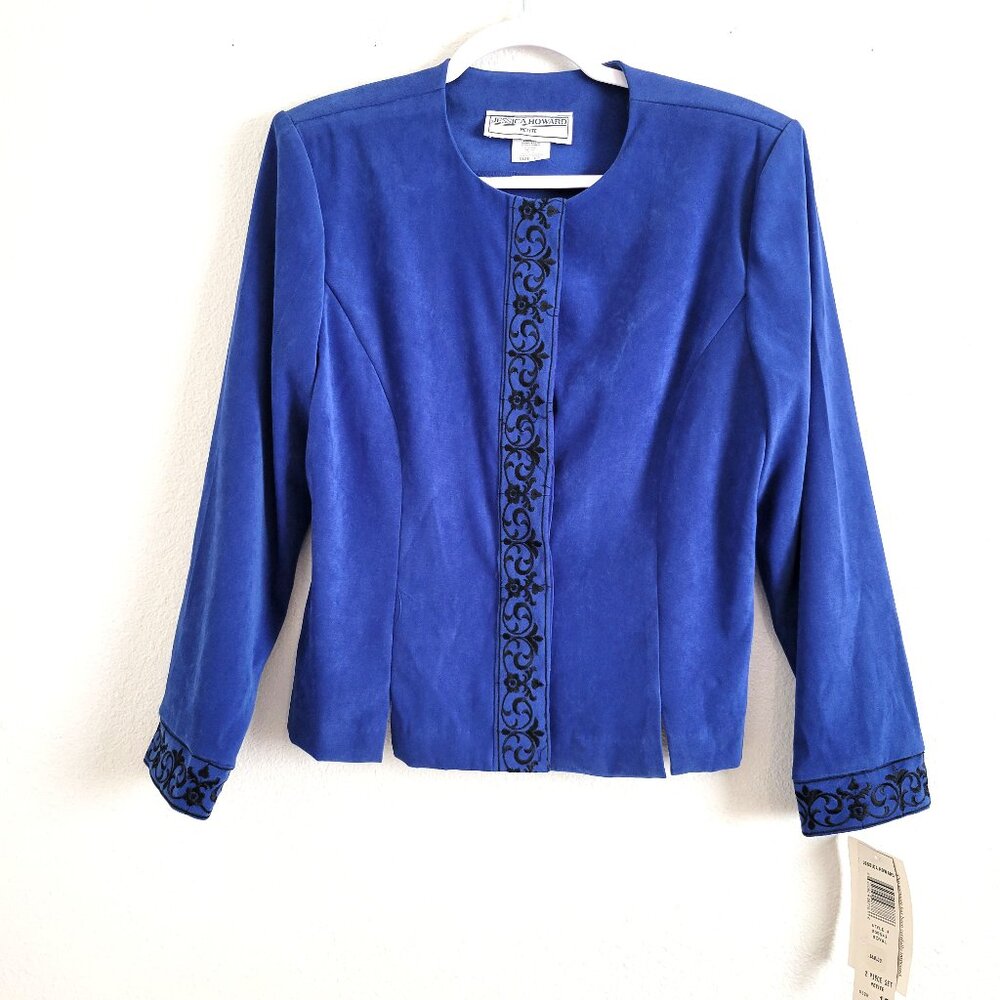 Jessica Howard Blue Suede/Velvet Embroidered Evening Jacket NWT Size 12